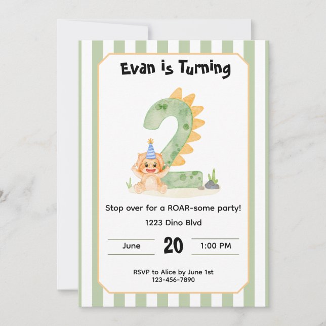 Editable Dinosaur 2nd Birthday Invitation  (Front)