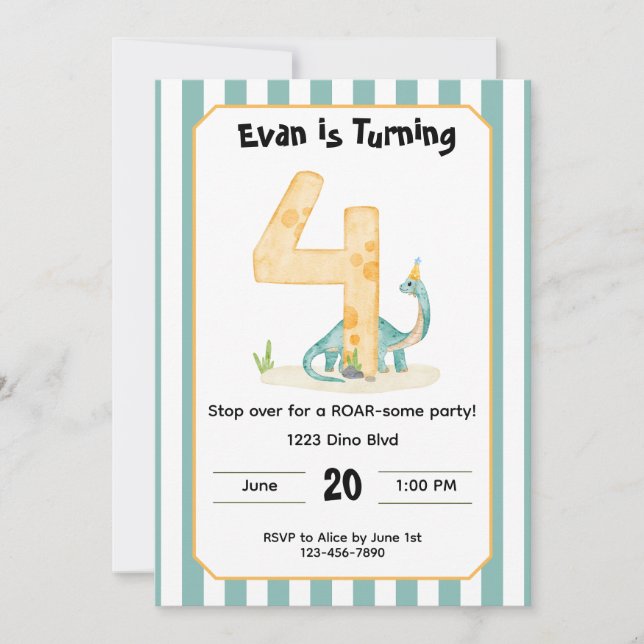 Editable Dinosaur 4th Birthday Invitation  (Front)