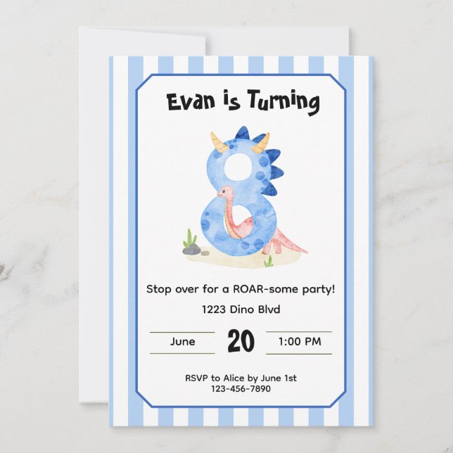 Editable Dinosaur 8th Birthday Invitation  (Front)