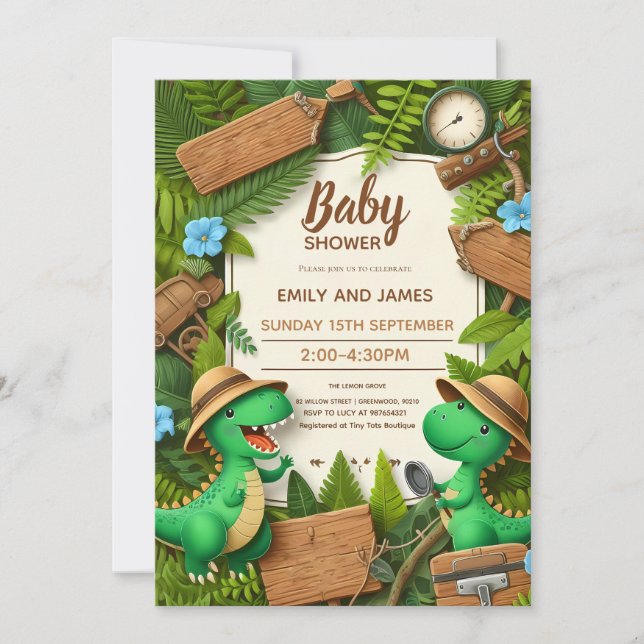 Editable Dinosaur baby boy shower card for boys (Front)