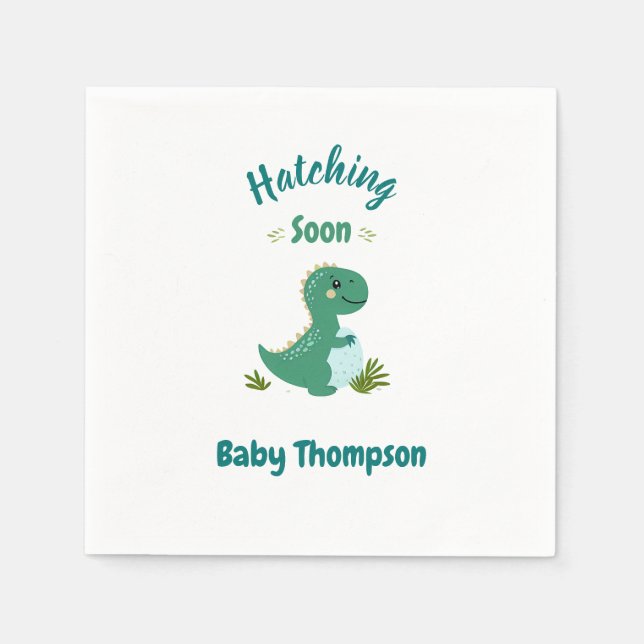 Editable Dinosaur Baby Boy Shower Hatching Soon Napkin (Front)