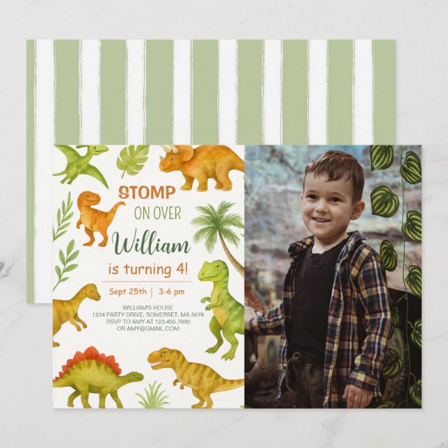 Editable Dinosaur Birthday Party Photo Invitation (Front/Back)