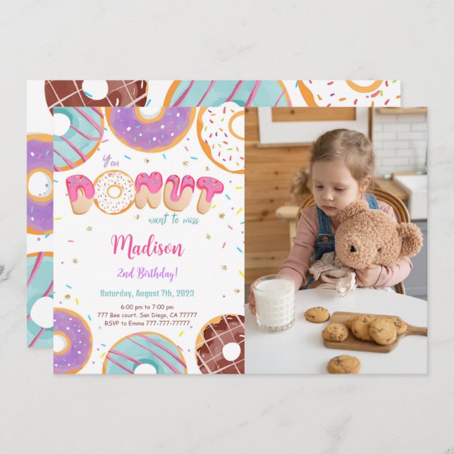 Editable Doughnut Birthday Party Photo Invitation (Front/Back)