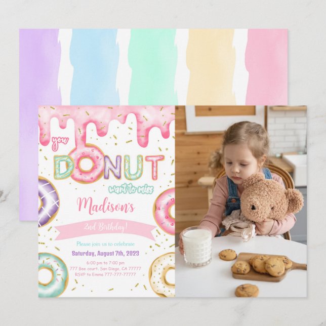 Editable Doughnut Birthday Party Photo Invitation (Front/Back)