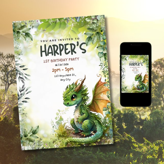 Editable Dragon 1st Birthday Party Invitation (Creator Uploaded)