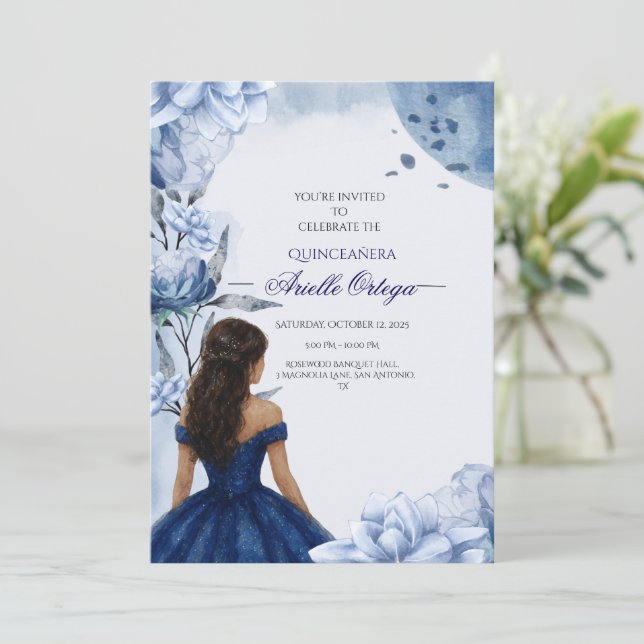 Editable Elegant Blue Quinceañera Invitation  (Standing Front)