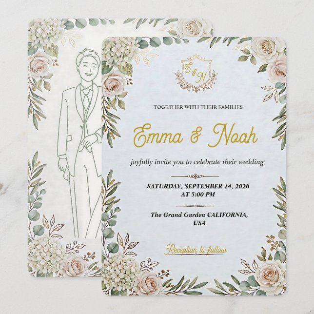 Editable Elegant Sage Gold Wedding Invitation (Front/Back)