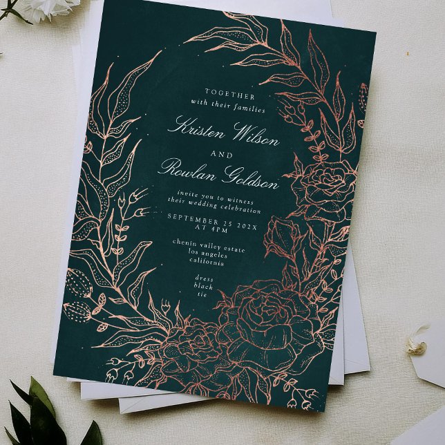 Editable Emerald Flower Wreath Copper Foil Wedding Invitation (Creator Uploaded)
