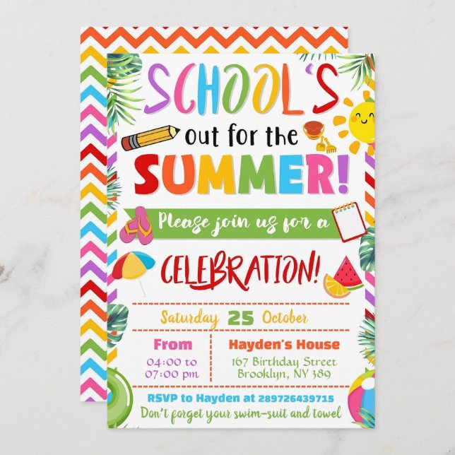 Editable End of School Party Schools Out Party  Invitation (Front/Back)