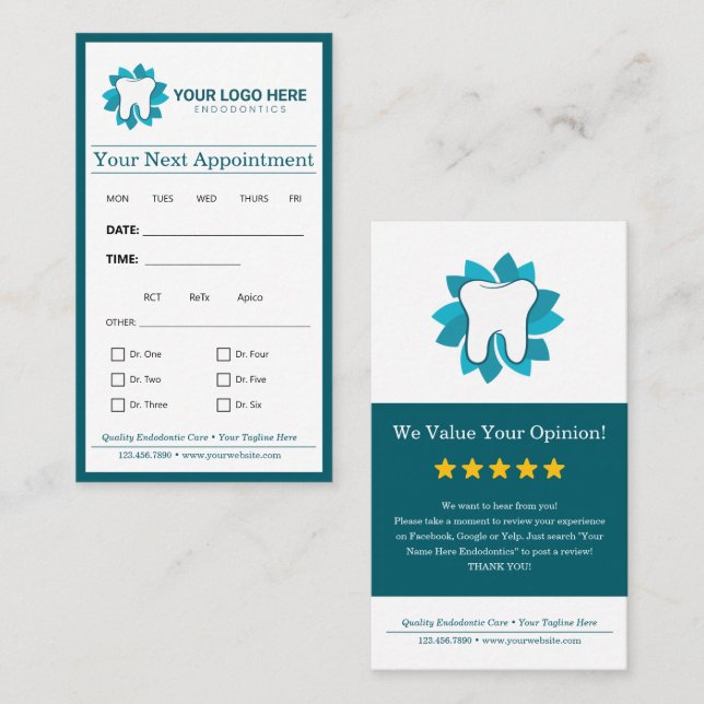 Editable Endodontics Next Appointment Business Card (Front/Back)