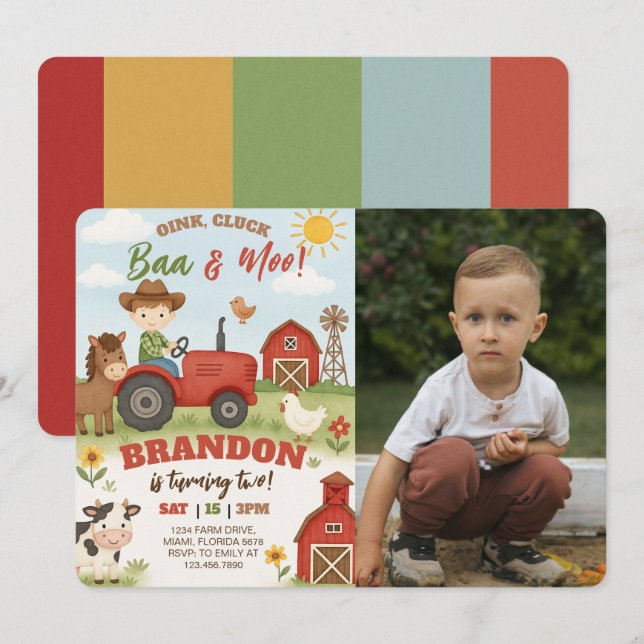 Editable Farm Animals Birthday Photo Invitation (Front/Back)