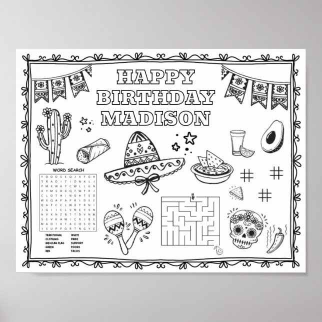 Editable fiesta Birthday colouring mat  Poster (Front)