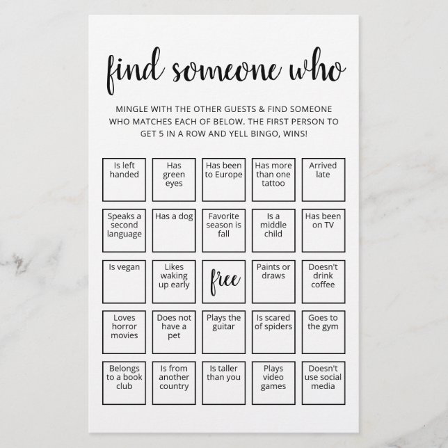 Editable Find Someone Who Game Bingo game (Front)