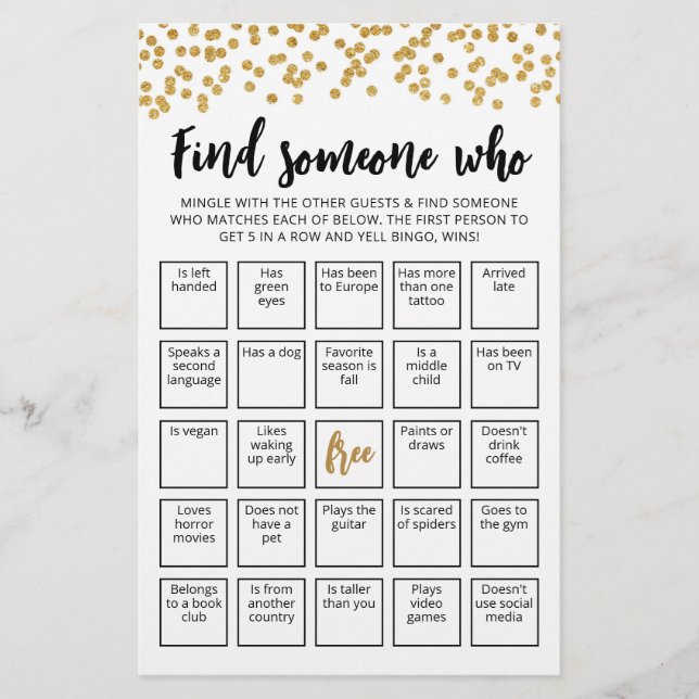 Editable Find Someone Who Game Bingo game (Front)
