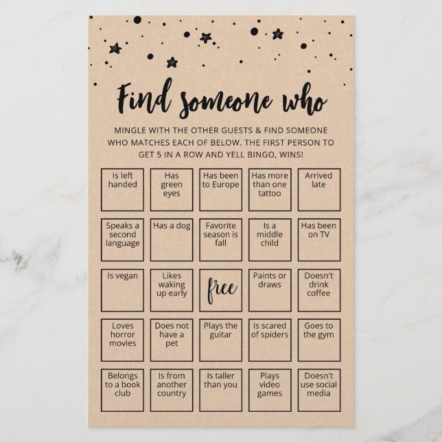 Editable Find Someone Who Game Bingo game (Front)