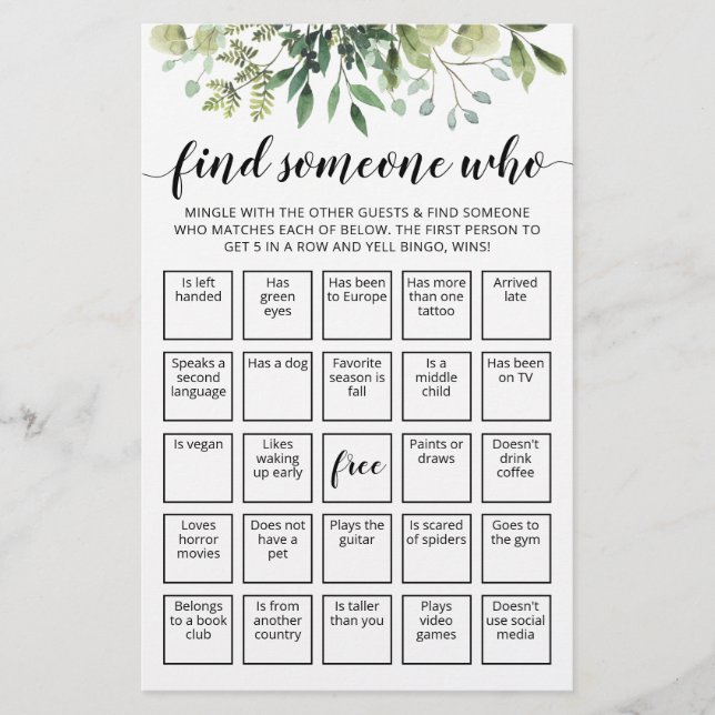 Editable Find Someone Who Game Bingo game (Front)
