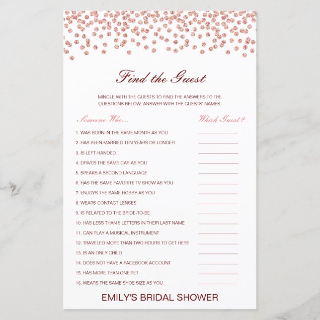 Editable Find the Guest Bridal Shower Game (Front)