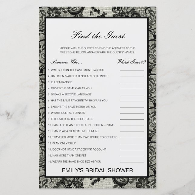 Editable Find the Guest Bridal Shower Game (Front)