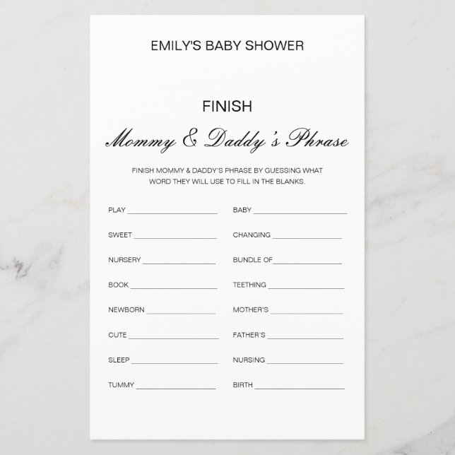 Editable Finish Mum and Dad's Phrase Baby Shower (Front)