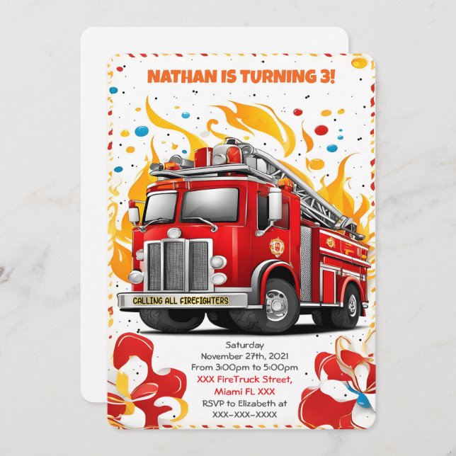 Editable Fire Truck Birthday Invitation (Front/Back)
