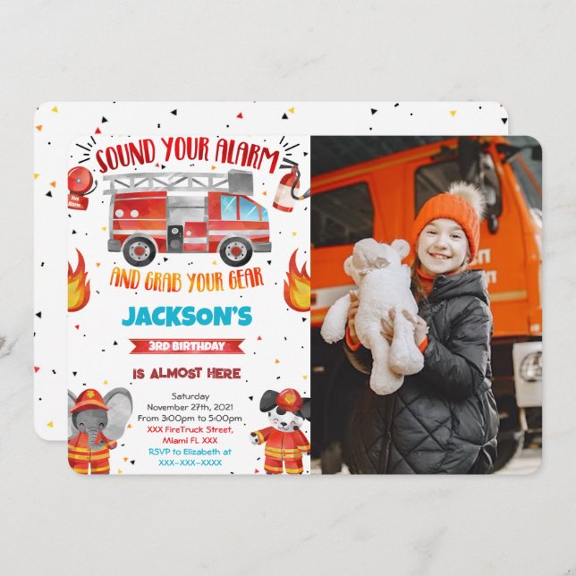 Editable Fire Truck Birthday Photo Invitations (Front/Back)