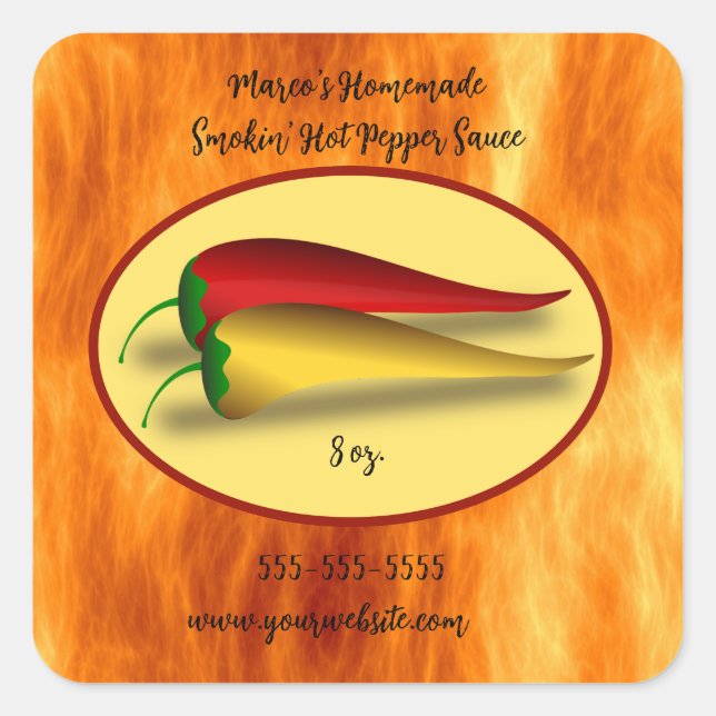 Editable Flames Smokin' Hot Pepper Sauce Label (Front)