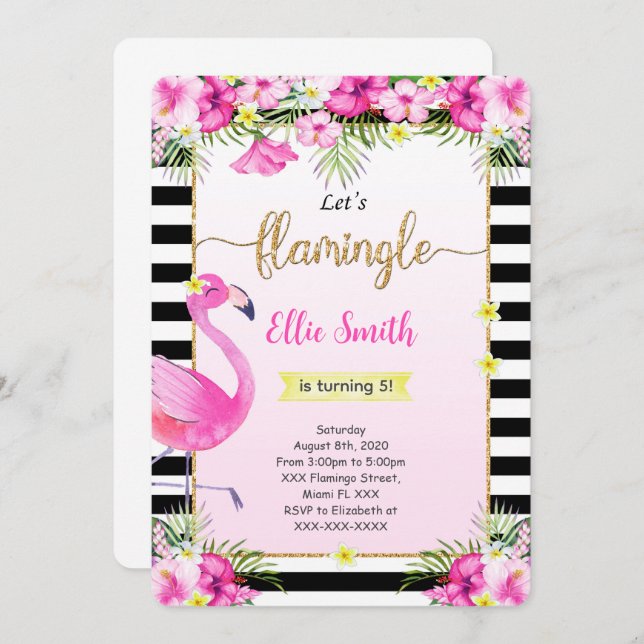 Editable Flamingo Birthday Invitation (Front/Back)