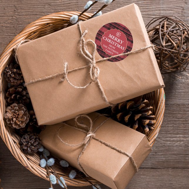 Editable flannel plaid pattern gold red Christmas Classic Round Sticker (Creator Uploaded)