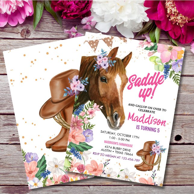  Editable Floral Cowgirl  Horse Birthday  Invitation (Creator Uploaded)