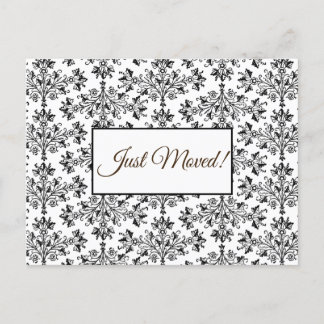 Editable Floral Damask Black On White Just Moved Postcard