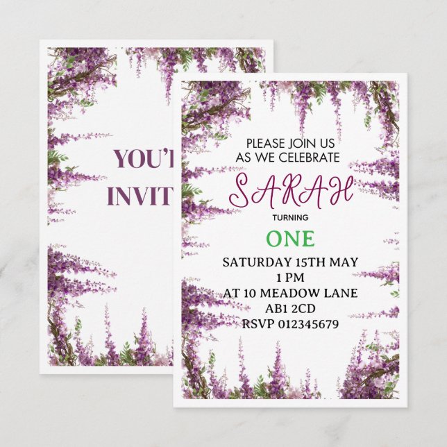 Editable Floral First Birthday Invitation (Front/Back)