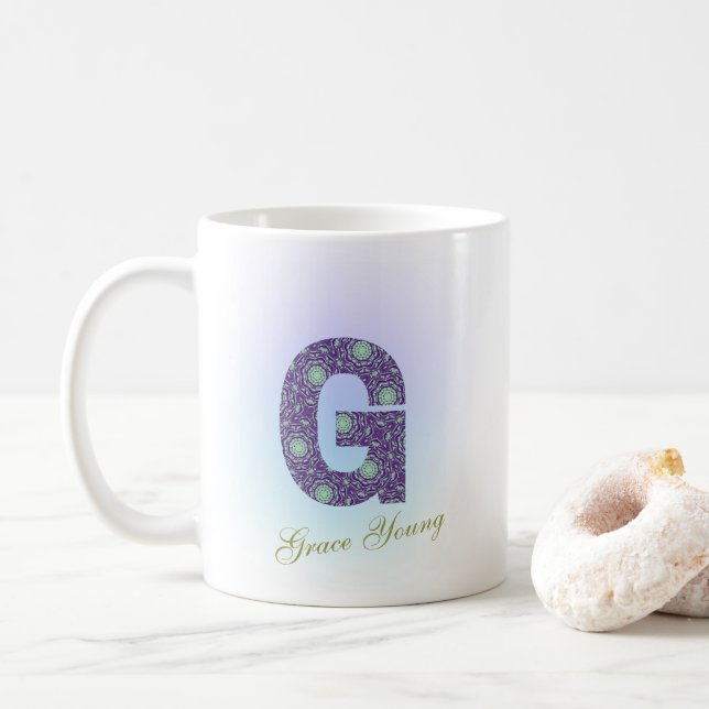 Editable Floral Letter G Monogram Personalized Coffee Mug (With Donut)