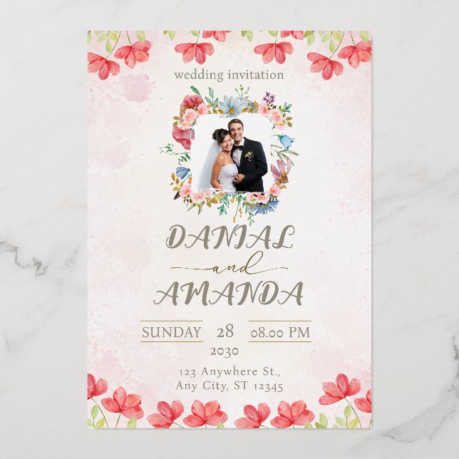 Editable Floral Wedding Invitation with Photo (Front)