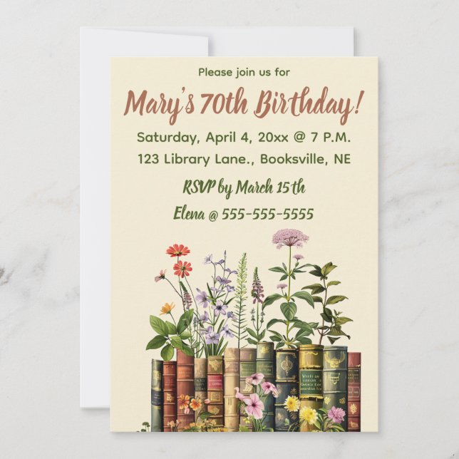 Editable Flowers and Books Birthday Invitation (Front)