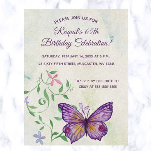 Editable Flowers and Purple Butterfly Birthday Invitation Postcard