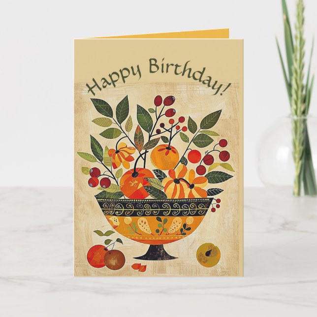 Editable Folk Art Bowl of Fruit Birthday Card (Front)