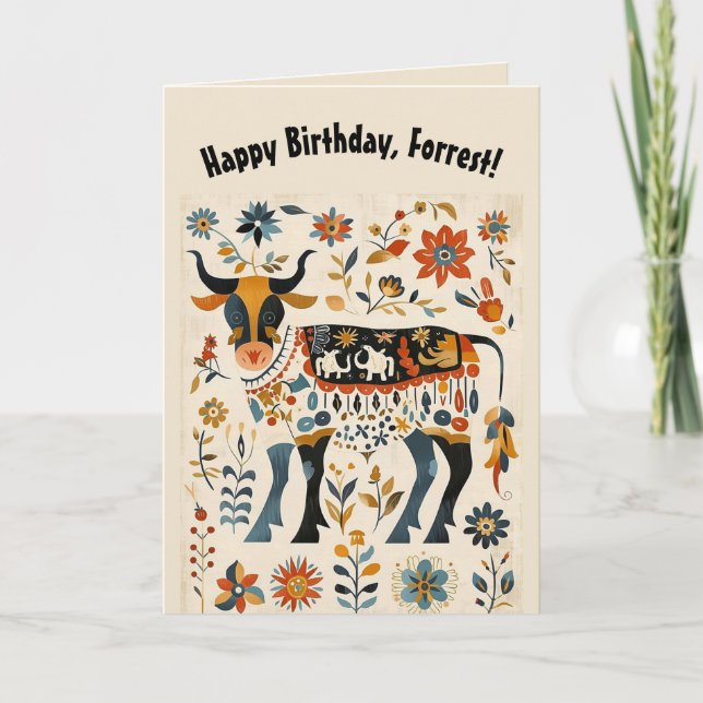 Editable Folk Art Bull and Flowers Card (Front)