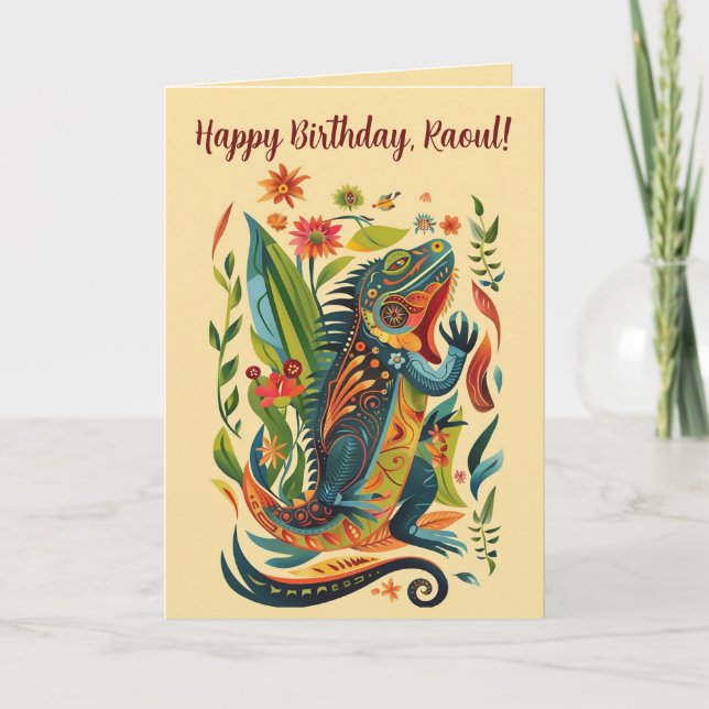 Editable Folk Art Iguana Birthday Card (Front)