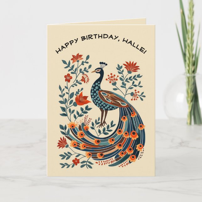 Editable Folk Art Peacock Card (Front)