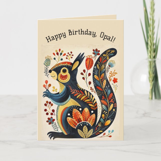 Editable Folk Art Squirrel Card (Front)