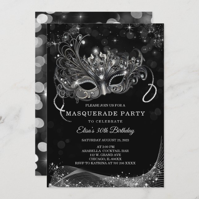 Editable for Masquerade Black and Silver Party Invitation (Front/Back)