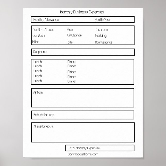 Editable Form Monthly Business Expense Sheet Poster (Front)