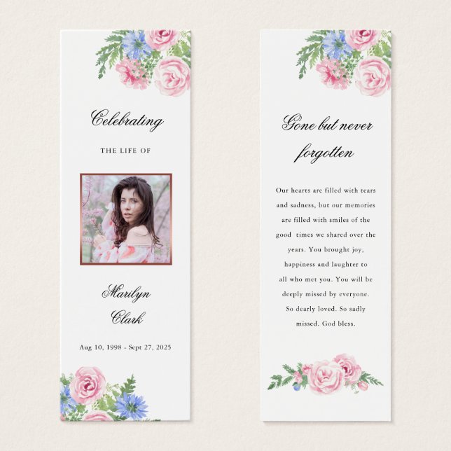 Editable Funeral Memorial Pink Floral Bookmark (Front & Back)