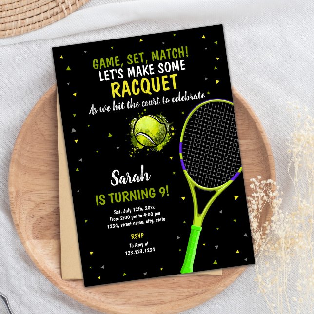 Editable Game Set Match Sports Party Invite (Black Background Tennis Birthday Invitations)