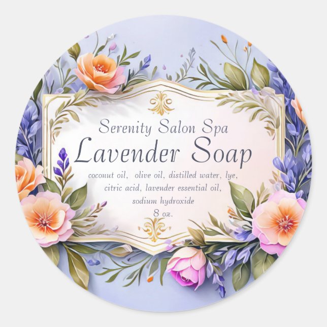 Editable Garden Flowers Lavender Soap Classic Round Sticker (Front)