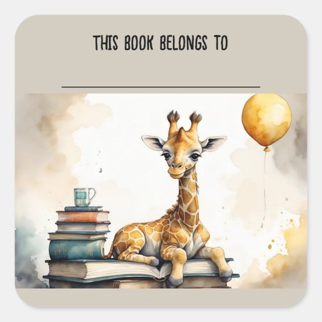 Editable Giraffe and Books Bookplate Sticker (Front)