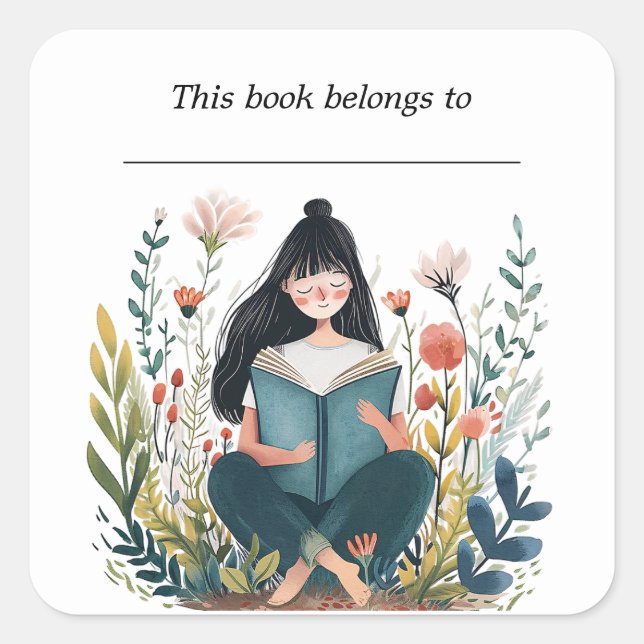 Editable Girl Reading Bookplate Sticker (Front)