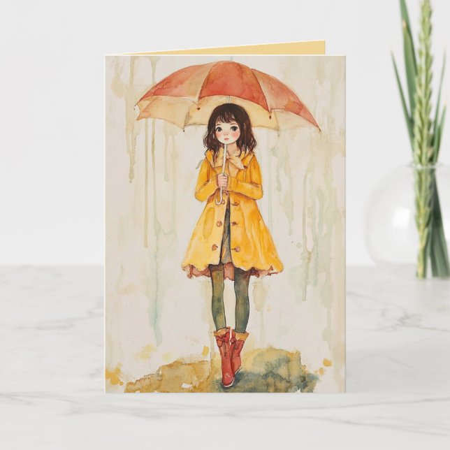 Editable Girl With Umbrella in the Rain Support Card (Front)