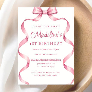 Editable Girls Pink Coquette Bow First Birthday Invitation