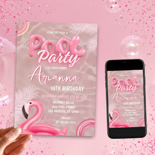 Editable Girls Pink Pool Party Birthday  Invitation